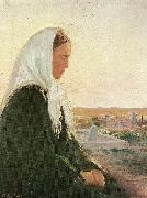 Anna Ancher ung kvinde pa kirkegarden i skagarden oil